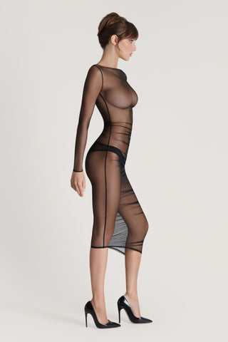 Maison Close Nuit Fauve Sheer Long Sleeve Midi Dress Black