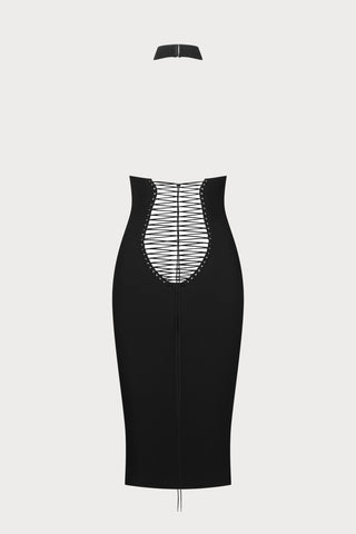 Black dress with cut-out back design on a light grey background