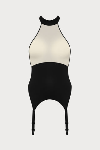 Pure Tentation Halterneck Suspender Top in Black & Nude