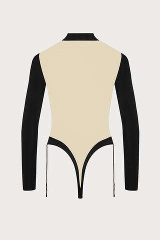 Pure Tentation Suspender Thong Body in Black & Nude