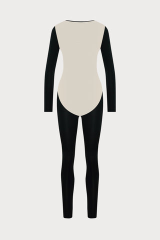 Pure Tentation V Neck Jumpsuit in Black & Nude