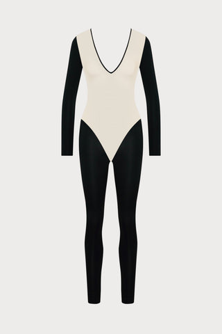Pure Tentation V Neck Jumpsuit in Black & Nude