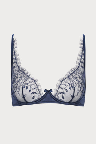 Villa Satine Navy Lace Wire Bra, Size UK 32B