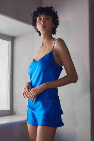 Marjolaine Betty Blue Silk Shorts - Luxury Pyjama Shorts