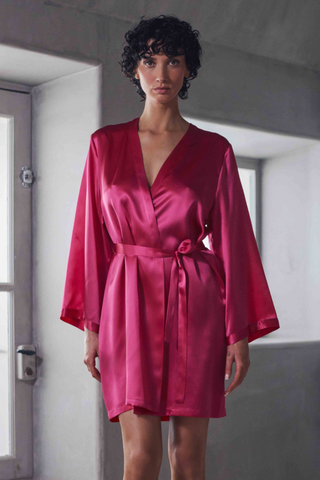 Marjolaine Brooke Short Silk Kimono Magenta | French Nightwear