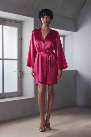 Marjolaine Brooke Short Silk Kimono Magenta | French Nightwear