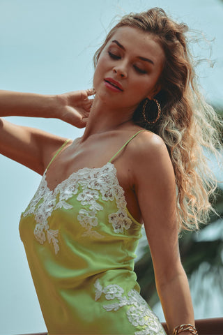 Marjolaine Carmela Lime Silk Nightie with Natural Embroidery - Naughty Knickers
