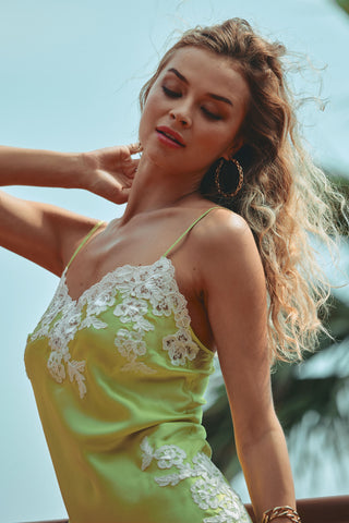 Marjolaine Carmela Lime Silk Nightie with Natural Embroidery