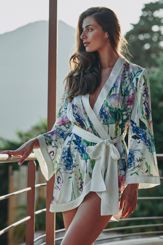 Marjolaine Clea Pastel Print Silk Short Robe - Naughty Knickers