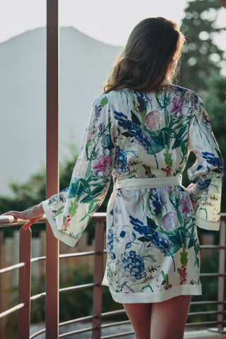 Marjolaine Clea Pastel Print Silk Short Robe - Naughty Knickers