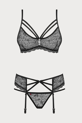 818 Black Lace Bra, Thong & Suspender