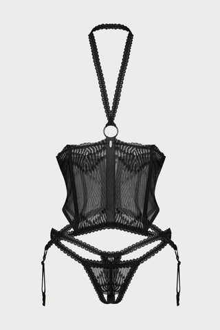Obsessive Alliane Cupless Corset & Thong Set Black
