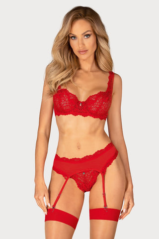 Obsessive Amor Cherris Bra, Thong & Suspender Red