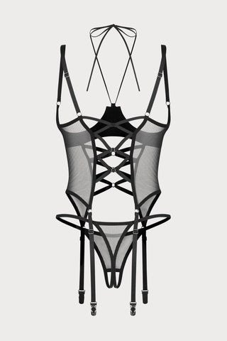 Obsessive Dominna Cupless Corset & Crotchless Thong Set Black