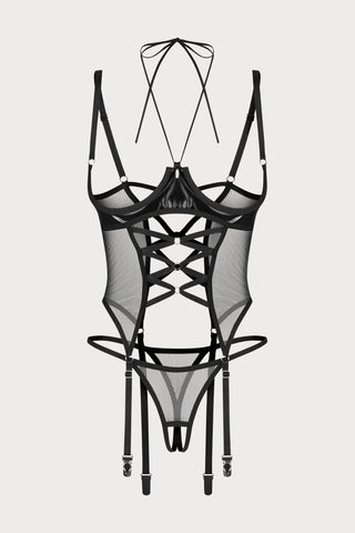 Obsessive Dominna Cupless Corset & Crotchless Thong Set Black