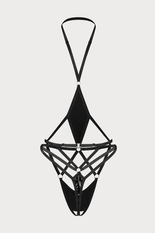 Keira Lise Black Crotchless Thong Bodysuit