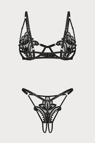 Luise Sublim Bra & Crotchless Thong in Black