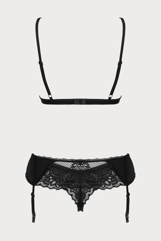Obsessive Maderris Bra, Thong & Suspender Set Black