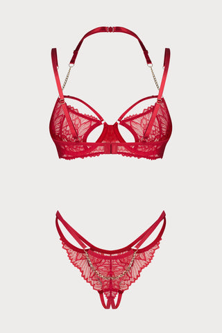 Matildea Red Lace Underwired Bra & Crotchless Thong
