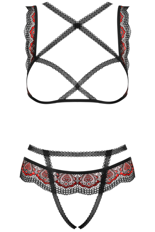 Obsessive Megies Black Cupless Bra & Crotchless Thong - Sexy Black Lingerie