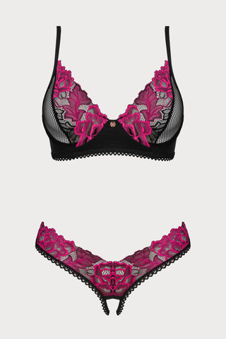 Obsessive Rosenty Bra & Crotchless Thong Black