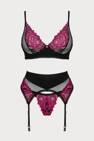 Obsessive Rosenty Bra, Thong & Suspender Black