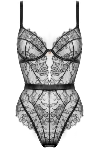 Women Black Lace & Satin Underwired Brazilian Bodysuit Prelude Pearl
