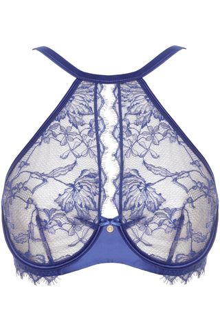 Blue Lace High Neck Bra with Keyhole Neckline by Prelude