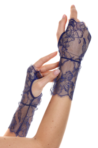 Womens Blue Fingerless Floral Lace Gloves with eyelash trim by Prelude