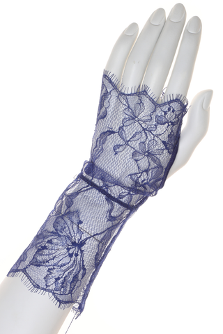 Womens Blue Fingerless Lace Gloves with eyelash trim by Prelude