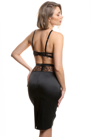 Women Black Satin & Lace Pencil Skirt Prelude Pearl