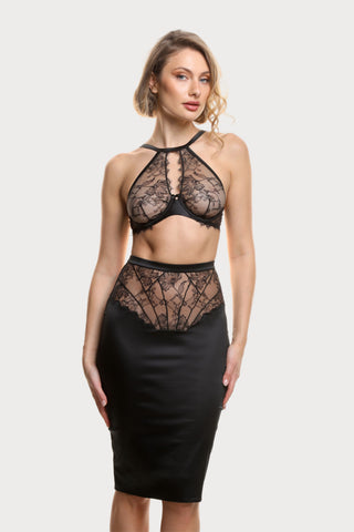 Prelude Pearl Black Satin & Lace Pencil Skirt
