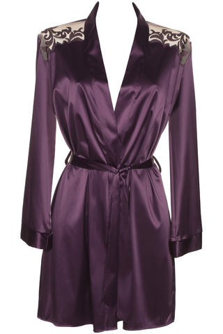 Women's Purple Satin Robe with Embroidery - Luxury Satin Nightwear - Prelude Venus