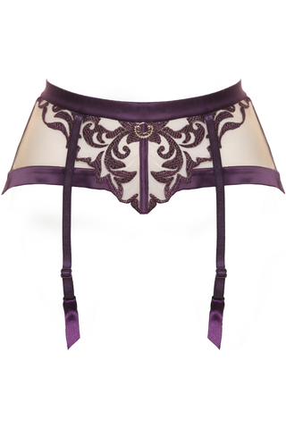 Women's Purple Embroidery Suspender Belt with Nude Mesh - Luxury Embroidery Lingerie - Prelude Venus