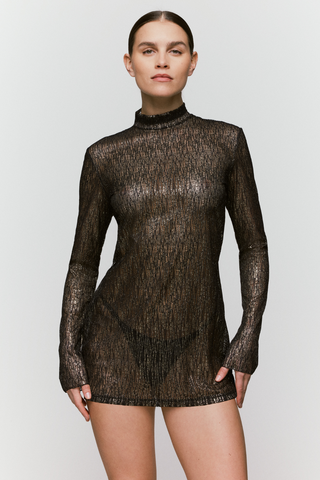 Sarda Tabei Short Long Sleeved Dress in Black & Gold - Luxury Dresses