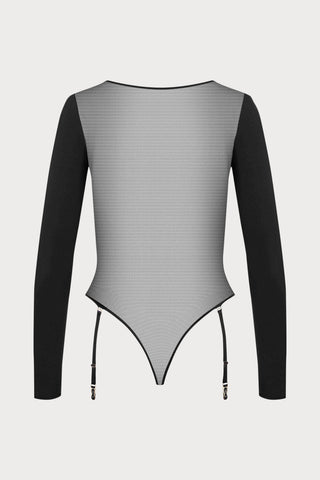 Scandale Nuit Fauve Long Sleeve Suspender Thong Bodysuit Black