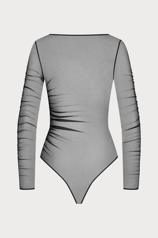 Scandale Nuit Fauve Sheer Long Sleeve Thong Bodysuit Black