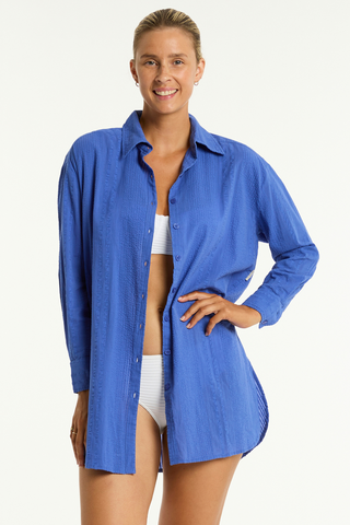Sea Level Heatwave Blue Cotton Cover Up Shirt