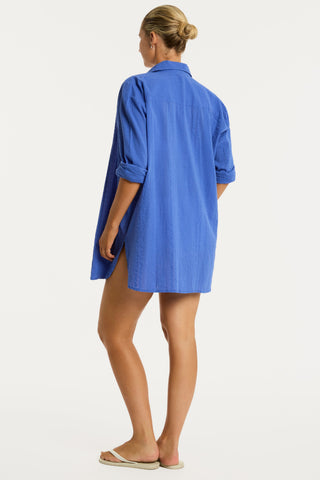 Heatwave Blue Cotton Cover Up Shirt, Size L (UK 14)