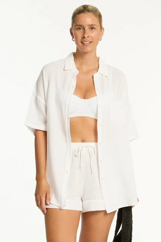 Sea Level Sunset Aloha White Cotton Cover Up Shirt