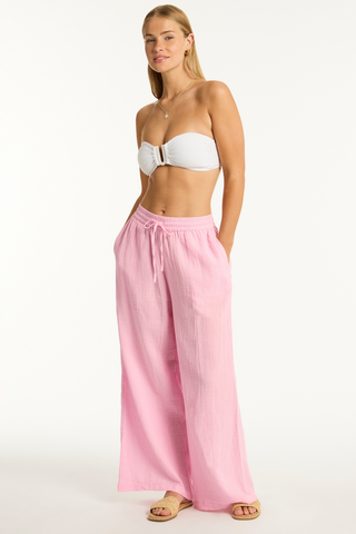 Sea Level Sunset Pink Cotton Beach Pants - Luxury Resortwear