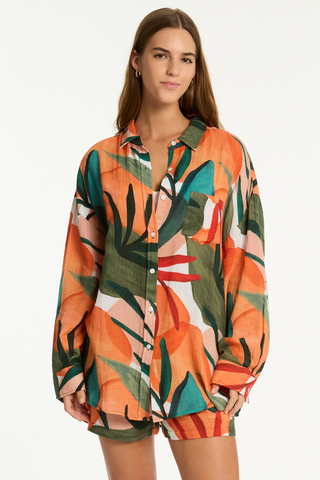 Sea Level Tropaluxe Cotton Beach Shirt Khaki
