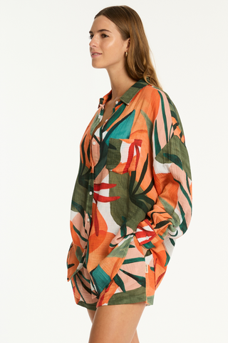 Sea Level Tropaluxe Cotton Beach Shirt Khaki