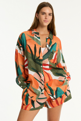 Sea Level Tropaluxe Cotton Beach Shirt Khaki