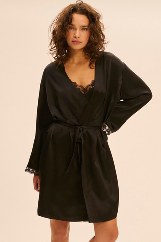 Simone Pérèle Love Me Black Silk & Embroidery Kimono - Silk Loungewear