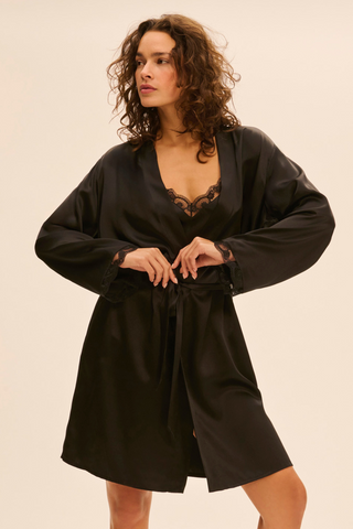 Simone Pérèle Love Me Black Silk & Embrodiery Kimono - Silk Loungewear