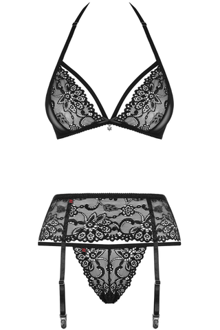 Obsessive Lace Bra, Thong & Garter Belt Black 838-SEG-3