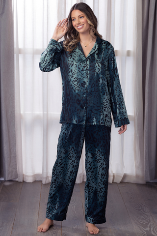 Sainted Sisters Sienna Satin Pyjama Set Teal Animal Print